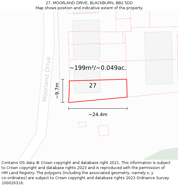 27, MOORLAND DRIVE, BLACKBURN, BB2 5DD: Plot and title map
