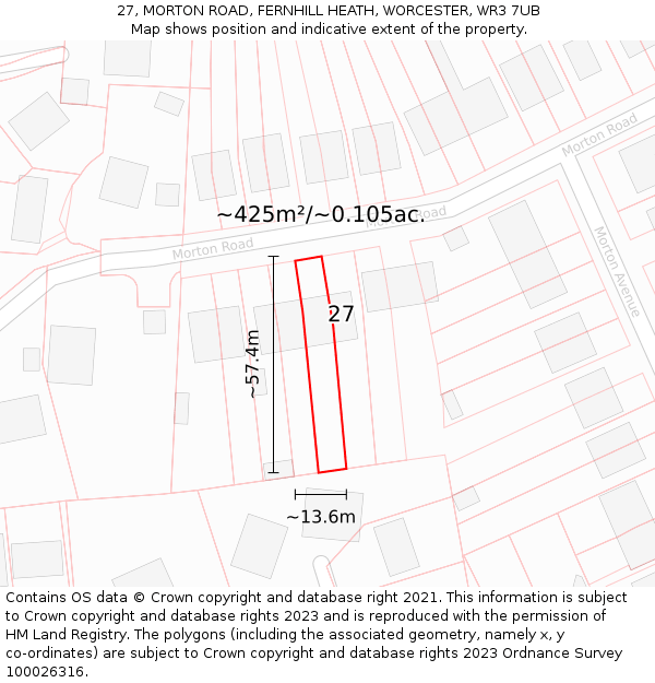 27, MORTON ROAD, FERNHILL HEATH, WORCESTER, WR3 7UB: Plot and title map