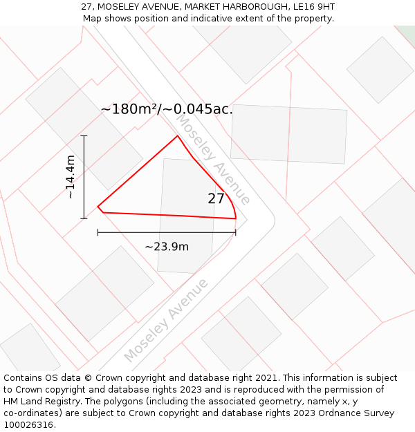 27, MOSELEY AVENUE, MARKET HARBOROUGH, LE16 9HT: Plot and title map
