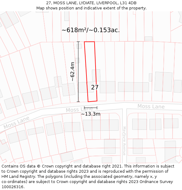 27, MOSS LANE, LYDIATE, LIVERPOOL, L31 4DB: Plot and title map