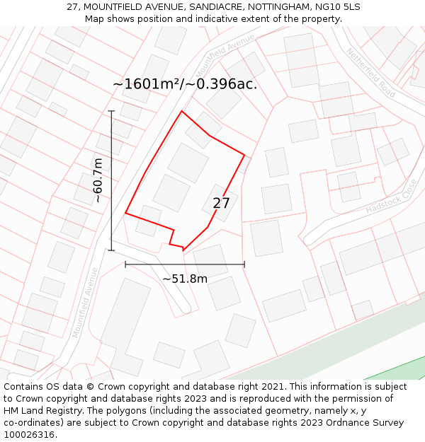 27, MOUNTFIELD AVENUE, SANDIACRE, NOTTINGHAM, NG10 5LS: Plot and title map