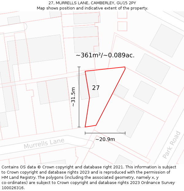 27, MURRELLS LANE, CAMBERLEY, GU15 2PY: Plot and title map