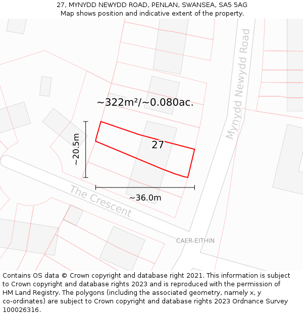 27, MYNYDD NEWYDD ROAD, PENLAN, SWANSEA, SA5 5AG: Plot and title map