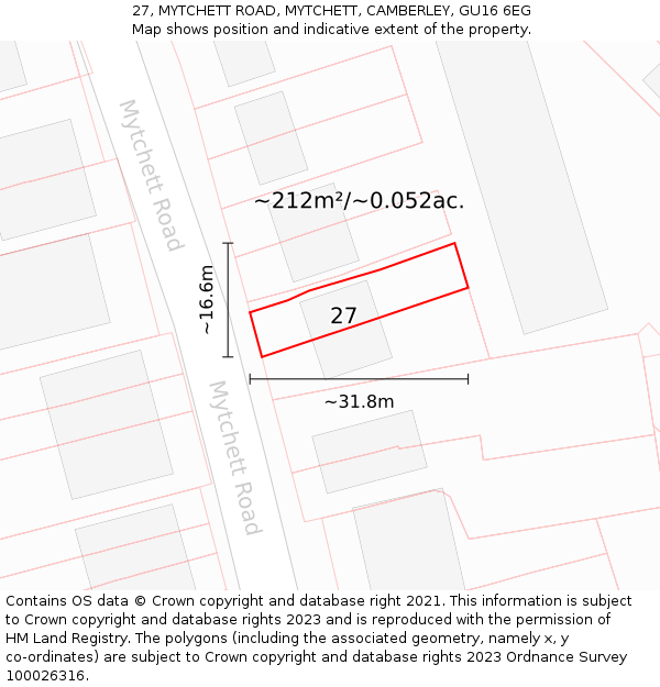 27, MYTCHETT ROAD, MYTCHETT, CAMBERLEY, GU16 6EG: Plot and title map