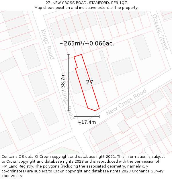 27, NEW CROSS ROAD, STAMFORD, PE9 1QZ: Plot and title map