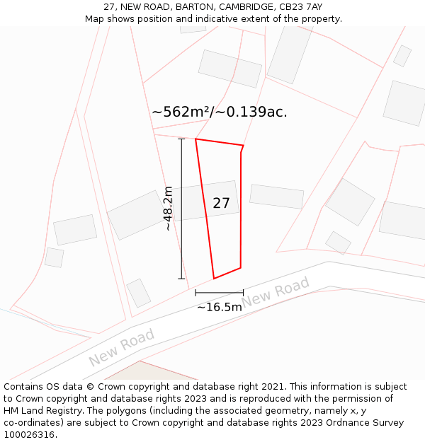 27, NEW ROAD, BARTON, CAMBRIDGE, CB23 7AY: Plot and title map
