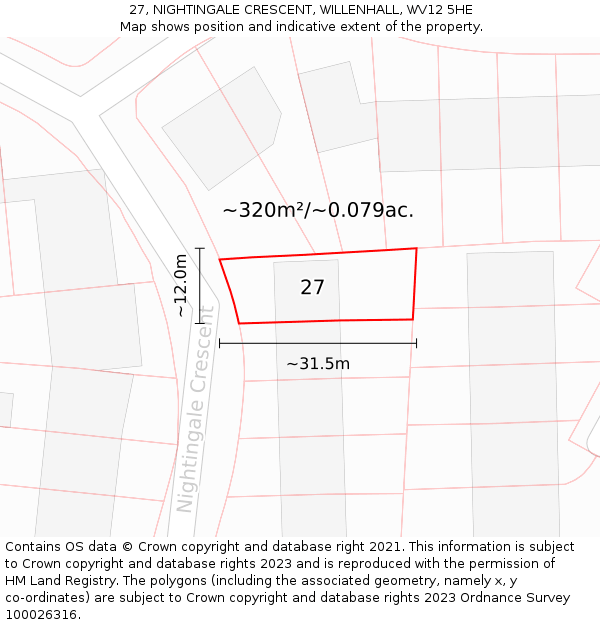 27, NIGHTINGALE CRESCENT, WILLENHALL, WV12 5HE: Plot and title map