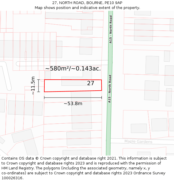 27, NORTH ROAD, BOURNE, PE10 9AP: Plot and title map