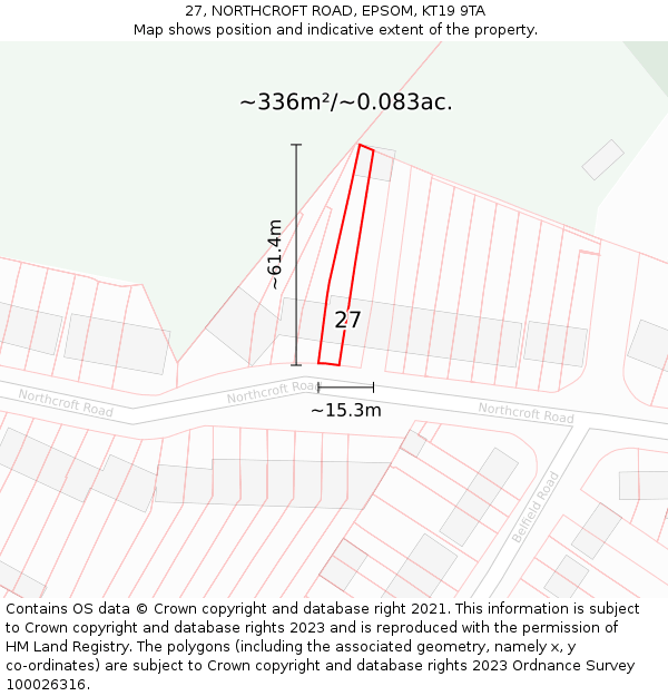 27, NORTHCROFT ROAD, EPSOM, KT19 9TA: Plot and title map