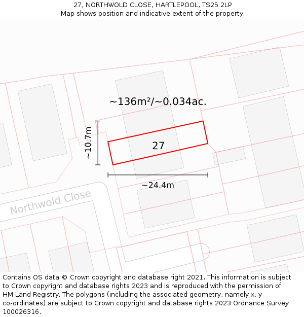 27, NORTHWOLD CLOSE, HARTLEPOOL, TS25 2LP: Plot and title map