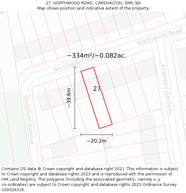 27, NORTHWOOD ROAD, CARSHALTON, SM5 3JA: Plot and title map