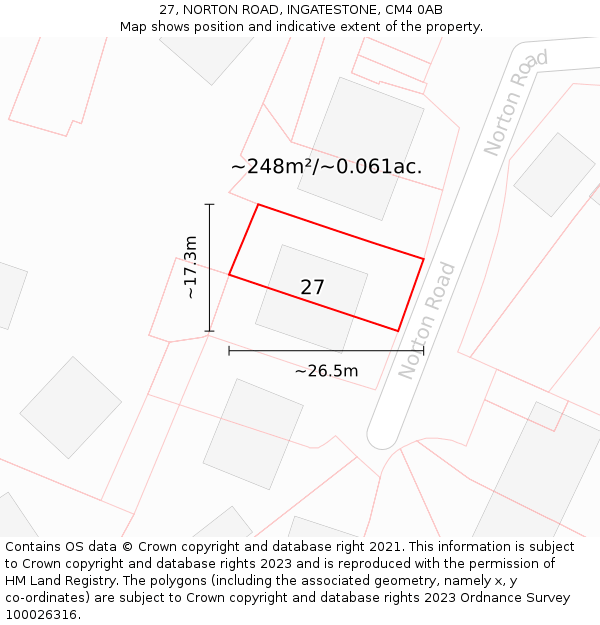 27, NORTON ROAD, INGATESTONE, CM4 0AB: Plot and title map