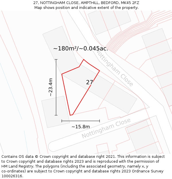 27, NOTTINGHAM CLOSE, AMPTHILL, BEDFORD, MK45 2FZ: Plot and title map