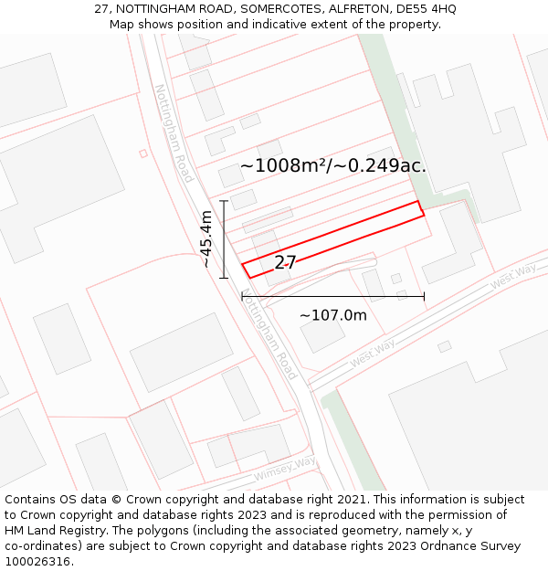 27, NOTTINGHAM ROAD, SOMERCOTES, ALFRETON, DE55 4HQ: Plot and title map