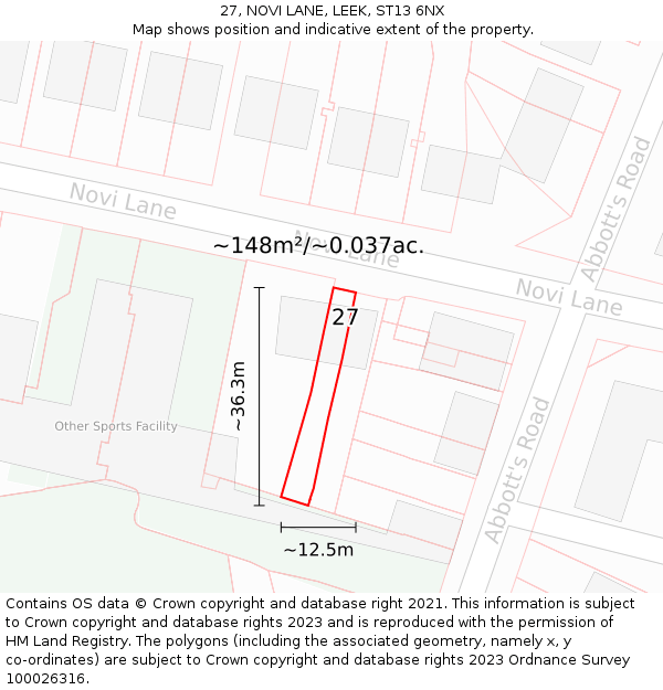 27, NOVI LANE, LEEK, ST13 6NX: Plot and title map
