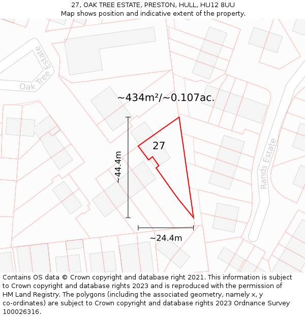27, OAK TREE ESTATE, PRESTON, HULL, HU12 8UU: Plot and title map