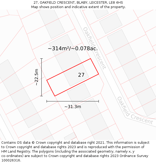 27, OAKFIELD CRESCENT, BLABY, LEICESTER, LE8 4HS: Plot and title map