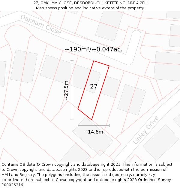 27, OAKHAM CLOSE, DESBOROUGH, KETTERING, NN14 2FH: Plot and title map
