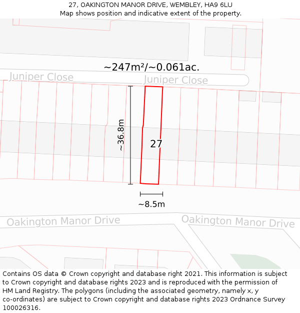 27, OAKINGTON MANOR DRIVE, WEMBLEY, HA9 6LU: Plot and title map