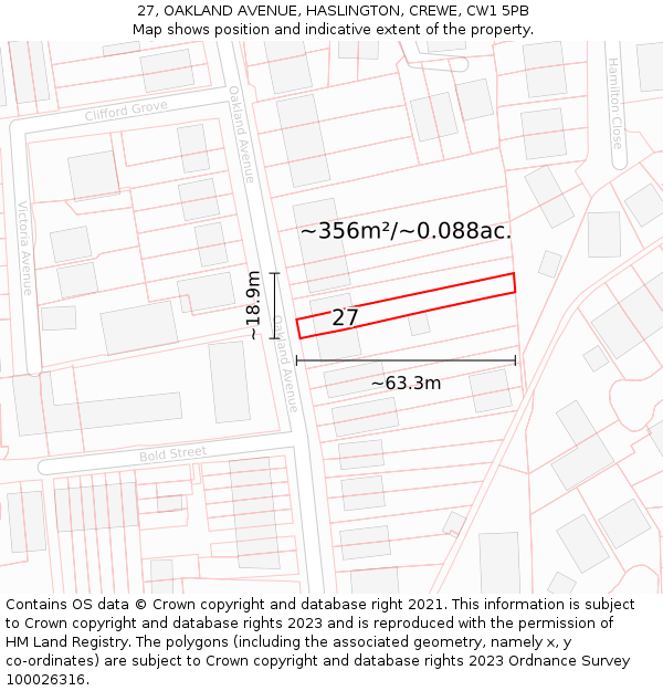 27, OAKLAND AVENUE, HASLINGTON, CREWE, CW1 5PB: Plot and title map
