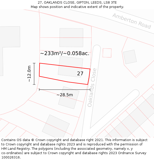 27, OAKLANDS CLOSE, GIPTON, LEEDS, LS8 3TE: Plot and title map