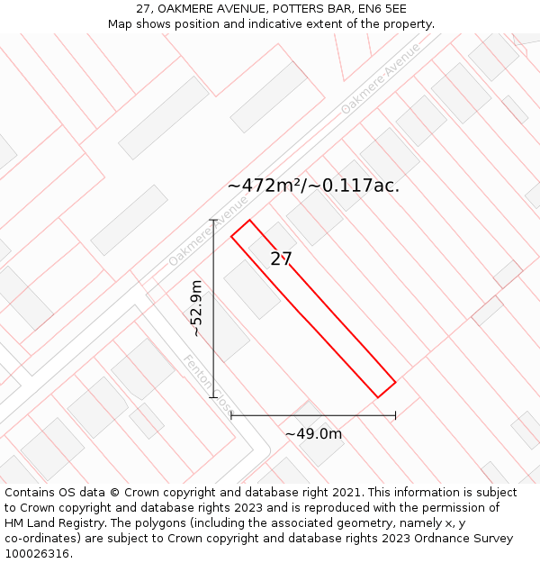 27, OAKMERE AVENUE, POTTERS BAR, EN6 5EE: Plot and title map