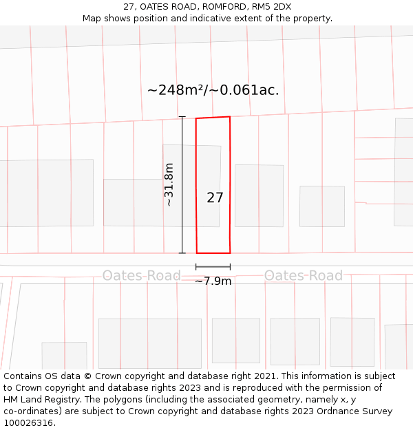 27, OATES ROAD, ROMFORD, RM5 2DX: Plot and title map