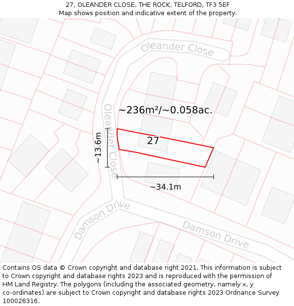 27, OLEANDER CLOSE, THE ROCK, TELFORD, TF3 5EF: Plot and title map
