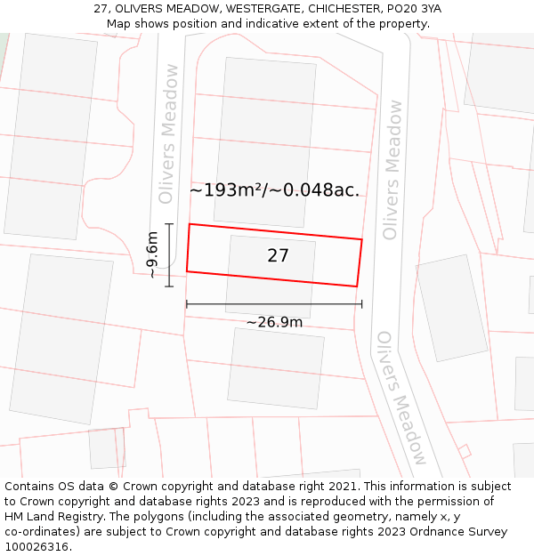 27, OLIVERS MEADOW, WESTERGATE, CHICHESTER, PO20 3YA: Plot and title map