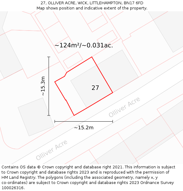 27, OLLIVER ACRE, WICK, LITTLEHAMPTON, BN17 6FD: Plot and title map