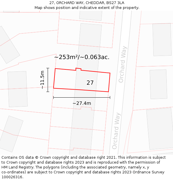 27, ORCHARD WAY, CHEDDAR, BS27 3LA: Plot and title map