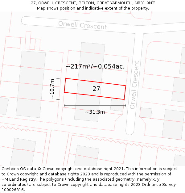 27, ORWELL CRESCENT, BELTON, GREAT YARMOUTH, NR31 9NZ: Plot and title map