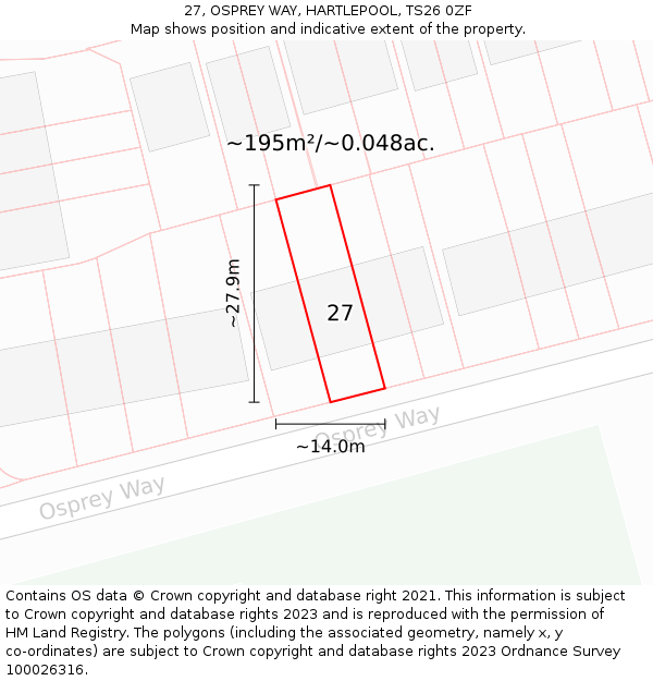 27, OSPREY WAY, HARTLEPOOL, TS26 0ZF: Plot and title map