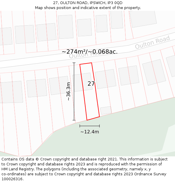 27, OULTON ROAD, IPSWICH, IP3 0QD: Plot and title map