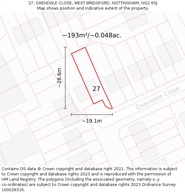 27, OXENDALE CLOSE, WEST BRIDGFORD, NOTTINGHAM, NG2 6SJ: Plot and title map