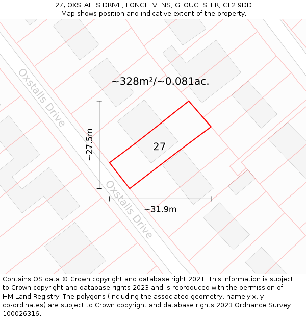 27, OXSTALLS DRIVE, LONGLEVENS, GLOUCESTER, GL2 9DD: Plot and title map