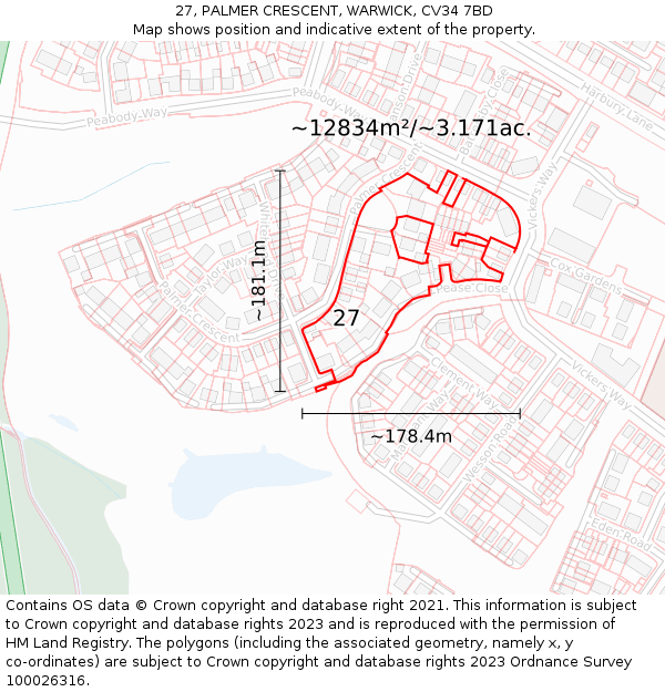 27, PALMER CRESCENT, WARWICK, CV34 7BD: Plot and title map