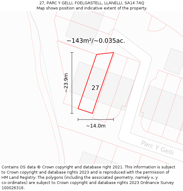 27, PARC Y GELLI, FOELGASTELL, LLANELLI, SA14 7AQ: Plot and title map