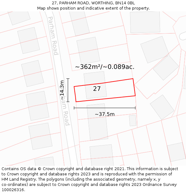 27, PARHAM ROAD, WORTHING, BN14 0BL: Plot and title map