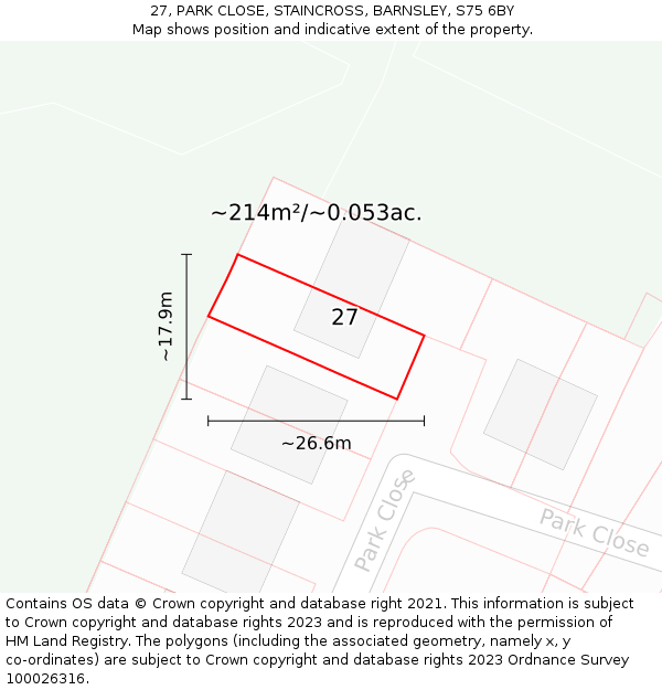 27, PARK CLOSE, STAINCROSS, BARNSLEY, S75 6BY: Plot and title map