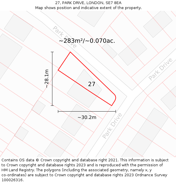 27, PARK DRIVE, LONDON, SE7 8EA: Plot and title map
