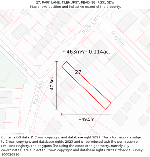 27, PARK LANE, TILEHURST, READING, RG31 5DW: Plot and title map