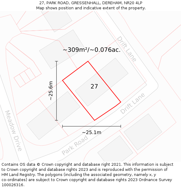 27, PARK ROAD, GRESSENHALL, DEREHAM, NR20 4LP: Plot and title map