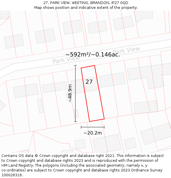 27, PARK VIEW, WEETING, BRANDON, IP27 0QD: Plot and title map