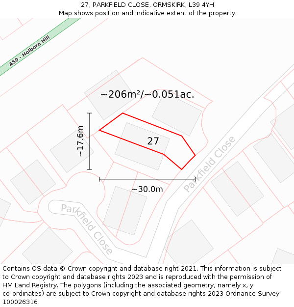 27, PARKFIELD CLOSE, ORMSKIRK, L39 4YH: Plot and title map