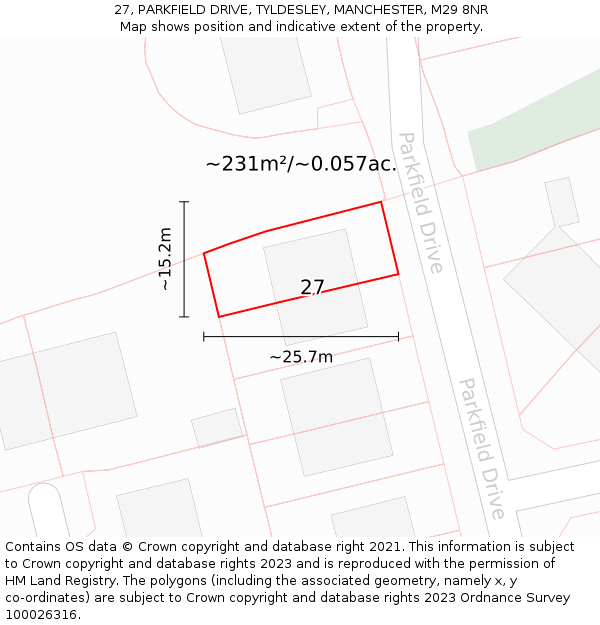 27, PARKFIELD DRIVE, TYLDESLEY, MANCHESTER, M29 8NR: Plot and title map
