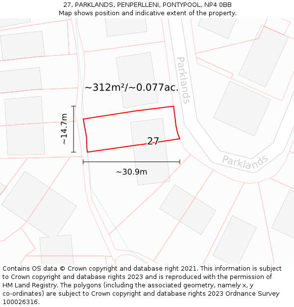 27, PARKLANDS, PENPERLLENI, PONTYPOOL, NP4 0BB: Plot and title map