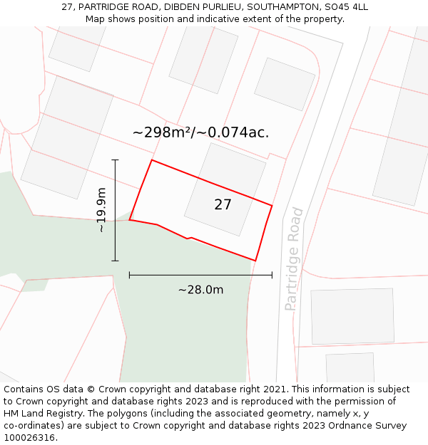 27, PARTRIDGE ROAD, DIBDEN PURLIEU, SOUTHAMPTON, SO45 4LL: Plot and title map