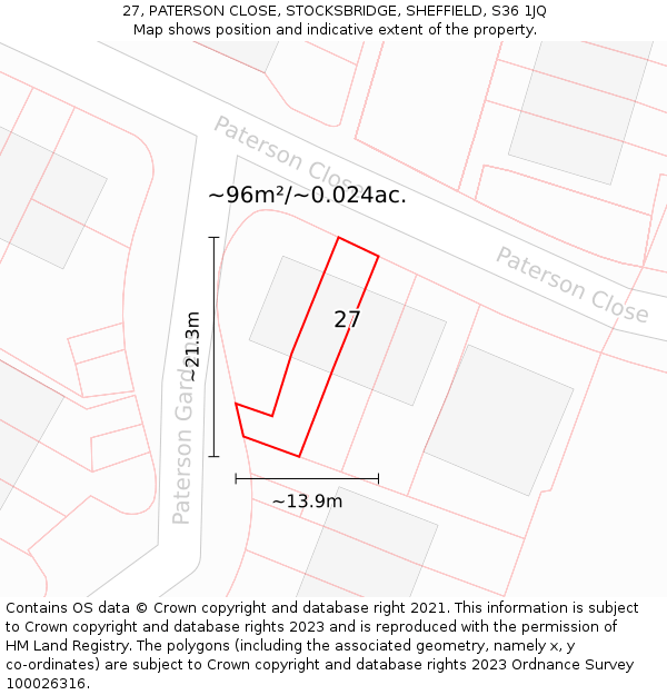 27, PATERSON CLOSE, STOCKSBRIDGE, SHEFFIELD, S36 1JQ: Plot and title map