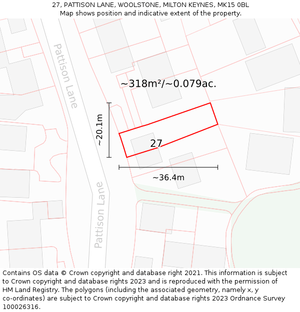 27, PATTISON LANE, WOOLSTONE, MILTON KEYNES, MK15 0BL: Plot and title map